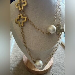 Cotton Pearl and Cross Necklace